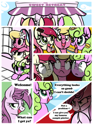 Size: 5100x6900 | Tagged: safe, artist:mulberrytarthorse, imported from derpibooru, daisy, flower wishes, lily, lily valley, roseluck, oc, oc:mulberry tart, earth pony, pony, unicorn, absurd resolution, bakery, comic, cookie, cupcake, dialogue, female, flower trio, food, ice cream sandwich, imminent vore, imminent weight gain, kitchen eyes, mare, ominous, pie, starry eyes, this will end in weight gain, tongue out, wingding eyes