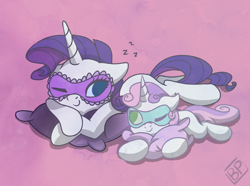 Size: 3500x2600 | Tagged: safe, artist:glitterstar2000, imported from derpibooru, rarity, sweetie belle, pony, unicorn, cute, duo, female, filly, horn, lying down, mare, mask, pillow, siblings, simple background, sisters, sleep mask, sleeping, smiling, zzz