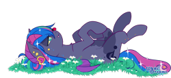 Size: 2529x1157 | Tagged: safe, artist:xwhitedreamsx, imported from derpibooru, oc, oc only, oc:madeline, bat pony, bat pony oc, flower, grass, simple background, solo, transparent background