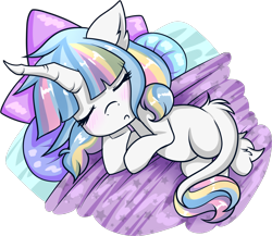 Size: 1528x1329 | Tagged: safe, artist:xwhitedreamsx, imported from derpibooru, oc, oc only, oc:lorelei, bed, blushing, female, filly, leonine tail, pillow, simple background, sleeping, solo, transparent background