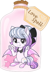 Size: 1274x1831 | Tagged: safe, artist:xwhitedreamsx, imported from derpibooru, oc, oc only, oc:pastel sky, bat pony, bat pony oc, bottle, bow, pony in a bottle, simple background, solo, transparent background