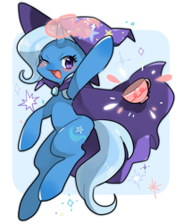 Size: 900x1100 | Tagged: safe, artist:pikudan, imported from derpibooru, trixie, pony, unicorn, blushing, cape, clothes, cup, cute, diatrixes, female, glowing horn, hat, looking at you, magic, mare, one eye closed, solo, teacup, that pony sure does love teacups, trixie's cape, trixie's hat, wink