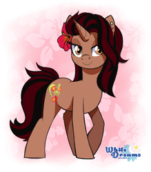 Size: 2372x2708 | Tagged: safe, artist:xwhitedreamsx, imported from derpibooru, oc, oc only, oc:bramble angel mele, pony, unicorn, ear piercing, female, flower, flower in hair, looking at you, mare, nose piercing, piercing, solo