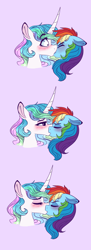 Size: 764x2109 | Tagged: safe, artist:saphi-boo, imported from derpibooru, princess celestia, rainbow dash, blushing, dashlestia, female, kissing, lesbian, shipping, simple background, surprise kiss, surprised