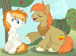 Size: 1521x1125 | Tagged: safe, artist:detoxx-retoxx, imported from derpibooru, oc, oc only, oc:aerial, oc:autumn gold, earth pony, pegasus, pony, apple tree, base used, crying, female, horse collar, male, mare, offspring, parent:big macintosh, parent:fire streak, parent:fluttershy, parent:spitfire, parents:fluttermac, parents:spitstreak, stallion, story included, sweet apple acres, tree, unshorn fetlocks, yoke