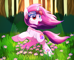 Size: 3018x2479 | Tagged: safe, artist:maren, imported from derpibooru, oc, oc only, oc:purple eye, pony, unicorn, crepuscular rays, female, flower, forest, glasses, grass, heterochromia, looking up, mare, open mouth, solo, sunglasses, windswept mane