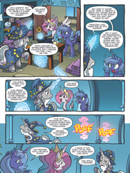 Size: 768x1024 | Tagged: safe, artist:tonyfleecs, idw, imported from derpibooru, princess celestia, princess luna, star swirl the bearded, alicorn, pony, unicorn, legends of magic, spoiler:comic, spoiler:comiclom12, glowing horn, magic, male, pink-mane celestia, preview, royal sisters, stallion, teenager, telekinesis, teleportation, tsundere, young celestia, younger