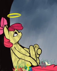 Size: 1200x1500 | Tagged: safe, artist:voloutfelixsit, imported from derpibooru, apple bloom, earth pony, pony, angel, colored, colored pupils, death, female, filly, flower, halo, mare, nature, simple background, solo, tree, tree branch