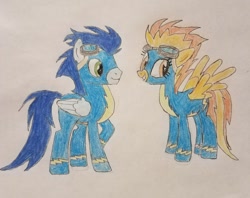 Size: 1024x809 | Tagged: safe, artist:amaryllisg, imported from derpibooru, soarin', spitfire, pony, clothes, duo, traditional art, uniform, wonderbolts uniform