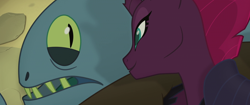 Size: 1920x804 | Tagged: safe, imported from derpibooru, screencap, mori, tempest shadow, anthro, fish, pony, unicorn, my little pony: the movie, anthro with ponies, armor, broken horn, defeated, fishman, interrogation, klugetown, out of context, questioning, scared, surprised