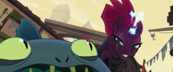 Size: 1920x804 | Tagged: safe, imported from derpibooru, screencap, mori, tempest shadow, anthro, fish, pony, unicorn, my little pony: the movie, anthro with ponies, broken horn, fishman, interrogation, klugetown, lidded eyes, out of context, questioning, rapeface, scared, smiling, sparking horn, sparks, you know for kids