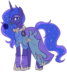 Size: 800x860 | Tagged: safe, artist:lulubell, imported from derpibooru, princess luna, pony, blue rose, clothes, dress, ethereal mane, female, flower, flower in mouth, galaxy mane, looking at you, mare, mouth hold, rose, rose in mouth, simple background, solo, transparent background