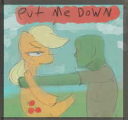 Size: 553x518 | Tagged: safe, artist:nignogs, imported from derpibooru, applejack, oc, oc:anon, pony, holding a pony, this will end in angry countryisms, this will end in pain and/or angry countryisms, unamused