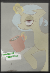 Size: 551x802 | Tagged: safe, artist:nignogs, imported from derpibooru, oc, oc only, bags under eyes, coffee, levitation, magic, offscreen character, solo, spilled drink, telekinesis, unamused