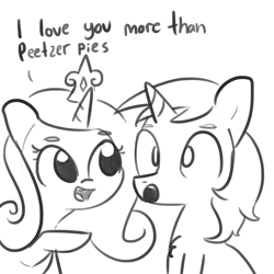 Size: 3000x3000 | Tagged: safe, artist:tjpones, imported from derpibooru, princess cadance, shining armor, alicorn, pony, unicorn, :o, chest fluff, cute, dialogue, female, food, grayscale, husband and wife, male, mare, monochrome, open mouth, peetzer, pizza, pointing, raised hoof, shiningcadance, shipping, simple background, sitting, sketch, smiling, stallion, straight, true love, white background, wide eyes