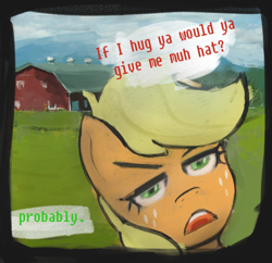 Size: 552x535 | Tagged: safe, artist:nignogs, imported from derpibooru, applejack, earth pony, pony, applejack wants her hat back, barn, hatless, implied anon, implied hugging, missing accessory, offscreen character