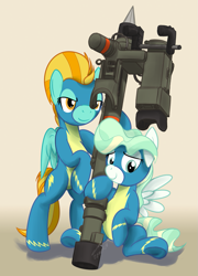 Size: 921x1280 | Tagged: safe, artist:buckweiser, imported from derpibooru, lightning dust, vapor trail, pegasus, pony, bipedal, clothes, commission, duo, female, hoof hold, mare, missile, mistral(manpads), rocket launcher, surface to air missile, uniform, weapon, wonderbolts uniform