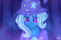 Size: 3000x1987 | Tagged: safe, artist:bunxl, imported from derpibooru, trixie, pony, unicorn, cape, clothes, female, hat, looking at you, mare, solo, trixie's cape, trixie's hat