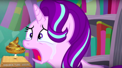 Size: 800x446 | Tagged: safe, edit, edited screencap, imported from derpibooru, screencap, starlight glimmer, abuse, award, crying, downvote bait, drama, dude not funny, fetish, glimmerbuse, op is a duck, op is trying to start shit, op isn't even trying anymore, poop, sad, sadlight glimmer, scat, starlight drama, starlight glimmer day, turd, worst pony