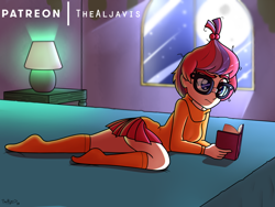 Size: 1000x750 | Tagged: safe, artist:thealjavis, imported from derpibooru, moondancer, equestria girls, bed, book, clothes, cosplay, costume, cute, equestria girls-ified, female, glasses, pleated skirt, skirt, socks, solo, sweater, velma dinkley