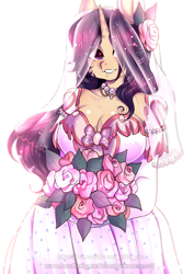 Size: 2893x4092 | Tagged: safe, artist:yukomaussi, imported from derpibooru, oc, oc only, anthro, unicorn, anthro oc, big breasts, bouquet, breasts, cleavage, clothes, dress, female, flower, hair over one eye, jewelry, mare, necklace, simple background, solo, wedding dress, wedding veil, white background