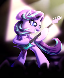 Size: 1626x1988 | Tagged: safe, artist:zolfyyy, imported from derpibooru, starlight glimmer, pony, unicorn, bass guitar, beanie, bipedal, electric guitar, female, guitar, hat, mare, musical instrument, smiling, solo, stage, starlight glimmer day