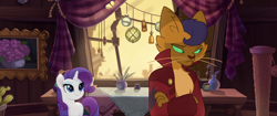 Size: 1920x804 | Tagged: safe, imported from derpibooru, screencap, capper dapperpaws, rarity, abyssinian, anthro, pony, unicorn, my little pony: the movie, anthro with ponies, ball, bottle, cactus, catnip, chest fluff, clothes, coat, conscience, crossed arms, curtains, duo, female, flower, glass, guilt, guilty, klugetown, male, mare, painting, quill, quill pen, sad, scratching post, smiling, table, windmill, window, yarn