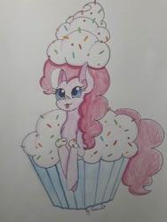 Size: 768x1024 | Tagged: safe, artist:sosochi, imported from derpibooru, pinkie pie, earth pony, pony, cupcake, female, food, micro, solo, tongue out, traditional art