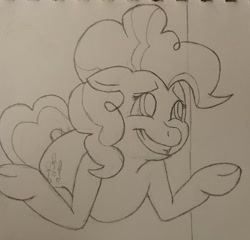 Size: 2281x2192 | Tagged: safe, artist:frostfauna, imported from derpibooru, pinkie pie, pony, female, high res, monochrome, shrug, sketch, solo, traditional art