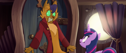 Size: 1920x804 | Tagged: safe, imported from derpibooru, screencap, capper dapperpaws, twilight sparkle, abyssinian, alicorn, anthro, pony, my little pony: the movie, anthro with ponies, chest fluff, clothes, coat, curtains, door, faic, gritted teeth, scared, shrunken pupils, surprised, twilight sparkle (alicorn), wide eyes, window