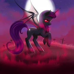 Size: 2222x2222 | Tagged: safe, artist:jacky-bunny, imported from derpibooru, oc, oc only, alicorn, bat pony, vampire, vampony, alicorn oc, bat pony oc, bat wings, cloud, cross, female, mare, moon, solo, stars, wings