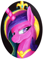 Size: 1024x1385 | Tagged: safe, artist:colorsceempainting, imported from derpibooru, princess cadance, queen chrysalis, changeling, a canterlot wedding, bust, canvas, changing, crown, jewelry, painting, peytral, portrait, regalia, solo, traditional art, transformation, watermark