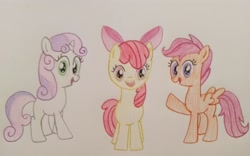 Size: 3120x1941 | Tagged: safe, artist:prinrue, imported from derpibooru, apple bloom, scootaloo, sweetie belle, cutie mark crusaders, open mouth, raised hoof, traditional art