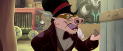 Size: 1920x804 | Tagged: safe, imported from derpibooru, screencap, needy (character), needy (g4), storm king, verko, anthro, naked mole rat, my little pony: the movie, bowtie, cage, cart, clothes, hat, poster, slaver, solo focus, top hat, tuxedo