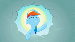 Size: 1280x720 | Tagged: safe, imported from derpibooru, screencap, rainbow dash, pegasus, pony, the ticket master, cloud, eyes closed, female, floppy ears, halo, mare, raised hoof, smiling, solo, sun