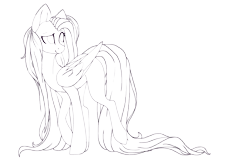 Size: 2466x1564 | Tagged: safe, artist:sodapopfairypony, imported from derpibooru, fluttershy, pegasus, pony, female, folded wings, head turn, lineart, looking away, mare, monochrome, no pupils, raised hoof, raised leg, simple background, smiling, solo, transparent background, turned head, wings