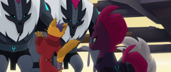 Size: 1920x804 | Tagged: safe, imported from derpibooru, screencap, capper dapperpaws, grubber, tempest shadow, abyssinian, anthro, hedgehog, pony, unicorn, my little pony: the movie, anthro with ponies, armor, broken horn, clothes, coat, scared, storm guard, surprised, tempest shadow's bodyguard