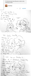 Size: 1764x4315 | Tagged: safe, artist:tjpones, imported from derpibooru, oc, oc only, oc:brownie bun, oc:richard, earth pony, human, pony, horse wife, ask, chest fluff, clothes, comic, dialogue, double standard, eyes closed, female, human male, hypocrisy, lineart, male, mare, pun, raised hoof, shirt, t-shirt, traditional art, tumblr