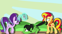 Size: 1211x677 | Tagged: safe, artist:chelseawest, imported from derpibooru, starlight glimmer, sunset shimmer, oc, oc:painted petal, pegasus, pony, unicorn, female, magic, mare, tail, tail pull