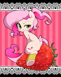 Size: 949x1200 | Tagged: safe, artist:potetecyu_to, imported from derpibooru, oc, oc only, oc:cheers, earth pony, pony, female, food, looking at you, looking back, mare, riding, smiling, solo, strawberry