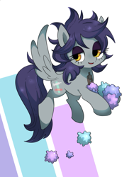 Size: 907x1200 | Tagged: safe, artist:potetecyu_to, imported from derpibooru, oc, oc only, pegasus, pony, candy, cute, female, flying, food, hoof hold, mare, smiling, solo