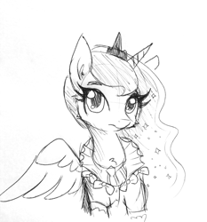 Size: 1440x1547 | Tagged: safe, artist:tjpones, imported from derpibooru, princess luna, alicorn, pony, chest fluff, clothes, dress, ear fluff, female, grayscale, looking at you, mare, monochrome, simple background, solo, traditional art, white background