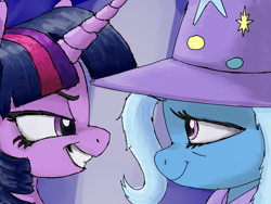 Size: 1600x1200 | Tagged: safe, artist:jimmyjamno1, imported from derpibooru, trixie, twilight sparkle, alicorn, pony, no second prances, clothes, faic, female, hat, looking at each other, mare, scene interpretation, smiling, trixie's hat, twilight sparkle (alicorn)