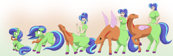 Size: 6202x2000 | Tagged: safe, artist:runningtoaster, imported from derpibooru, oc, oc only, oc:chafine, centaur, earth pony, human, original species, pony, snake, clothes, digital art, female, fusion, hair accessory, hair tie, humalos, humanized, mare, not salmon, nuckelavee, pony to human, ponytail, shirt, t-shirt, transformation, transformation sequence, wat, we have become one, what has science done, wtf