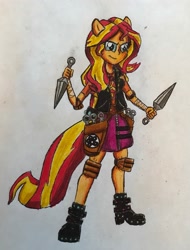 Size: 2340x3083 | Tagged: safe, artist:bozzerkazooers, imported from derpibooru, sunset shimmer, equestria girls, equestria girls series, boots, clothes, female, gloves, kunai, motorcross, ponied up, shoes, solo, teenage mutant ninja turtles, weapon