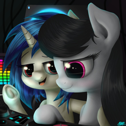 Size: 1500x1500 | Tagged: safe, artist:phoenixrk49, imported from derpibooru, dj pon-3, octavia melody, vinyl scratch, earth pony, pony, unicorn, duo, female, frog (hoof), looking at you, mare, mixer table, record, smiling, underhoof