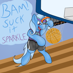 Size: 1200x1200 | Tagged: safe, artist:pavlovzdawg, imported from derpibooru, trixie, unicorn, basketball, clothes, dunk, female, headband, mare, shirt, shorts, slam dunk, solo, sports, text