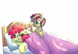 Size: 3380x2340 | Tagged: safe, artist:dreamscapevalley, imported from derpibooru, apple bloom, oc, oc:ruth, earth pony, pony, bags under eyes, bed, colt, female, freckles, male, mother and son, offspring, older, older apple bloom, parent:apple bloom, simple background, white background