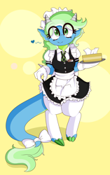 Size: 2330x3700 | Tagged: safe, artist:fullmetalpikmin, imported from derpibooru, oc, oc only, oc:campfire, anthro, dracony, hybrid, bow, claws, clothes, frilly, gloves, heart, horns, maid, socks, solo, standing, tail, tissue, tissue box