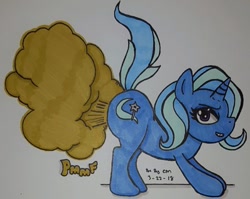 Size: 400x318 | Tagged: safe, artist:lewdtempest, imported from derpibooru, trixie, pony, unicorn, fart, fart cloud, fart noise, female, looking at you, mare, onomatopoeia, raised tail, solo, sound effects, tail, the great and flatulent trixie, traditional art
